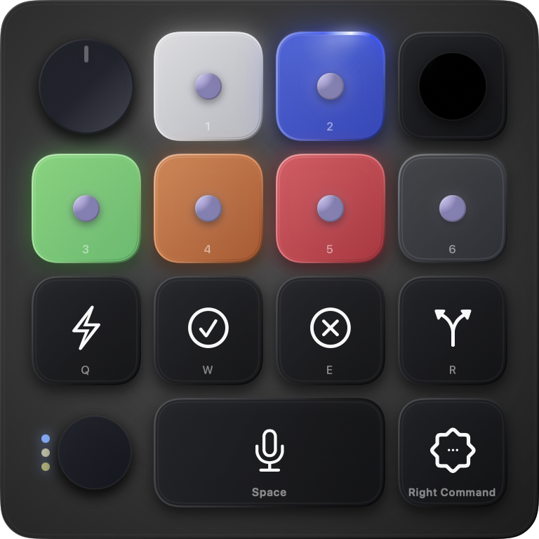 Dark KeySwitch HUD showing agents on 1–6 and commands on Q–R